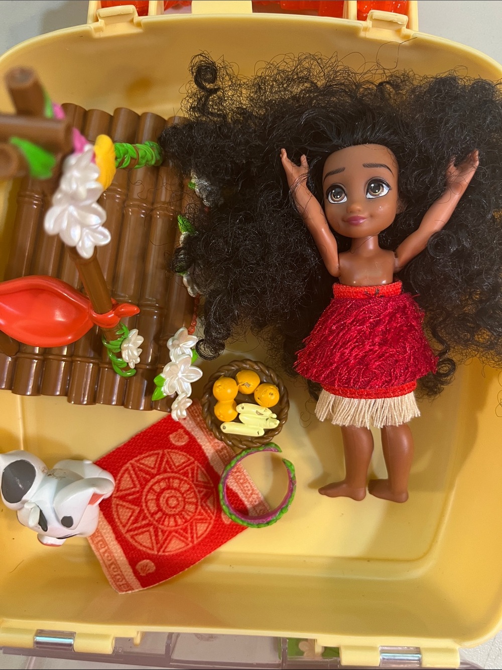 Disney Mini Doll with Bright Red Hula Skirt and Black Curly Hair